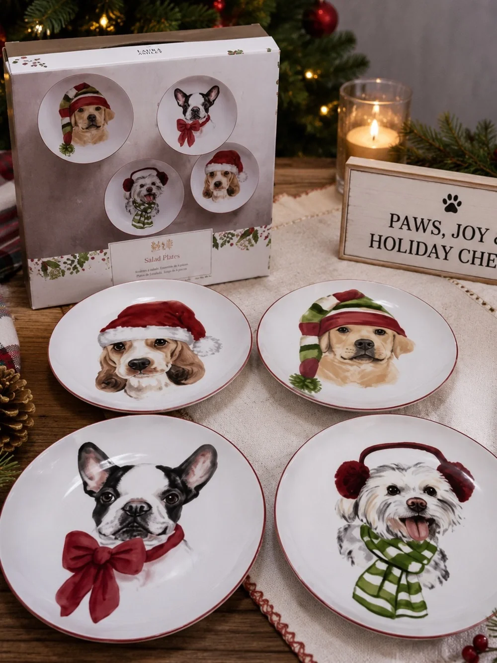 Pier 1 Imports NEW IN BOX Set of 4 Holiday Dog Salad Plates - Festive Puppies